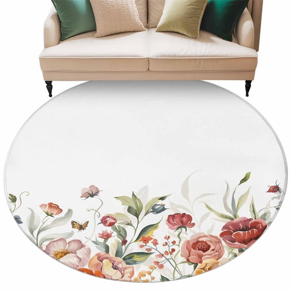 Round Rug 5ft Area Rug, Watercolor Country Wildflower Area Rugs for Living Room Bedroom, Farm Floral Art Floor Mat Non-Slip Non-Shedding Carpet Indoor Accent Rugs