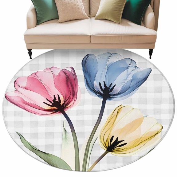 Round Rug 5ft Area Rug, Watercolor Pink Blue Yellow Flower Area Rugs for Living Room Bedroom, Rustic Tulips on Plaid Floor Mat Non-Slip Non-Shedding Carpet Indoor Accent Rugs