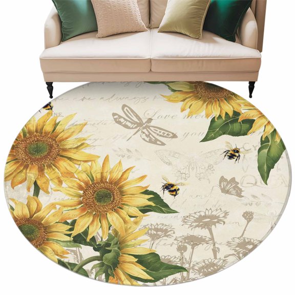 Round Rug 5ft Area Rug, Watercolor Sunflower Bee Dragonfly Area Rugs for Living Room Bedroom, Country Floral Retro Letter Floor Mat Non-Slip Non-Shedding Carpet Indoor Accent Rugs