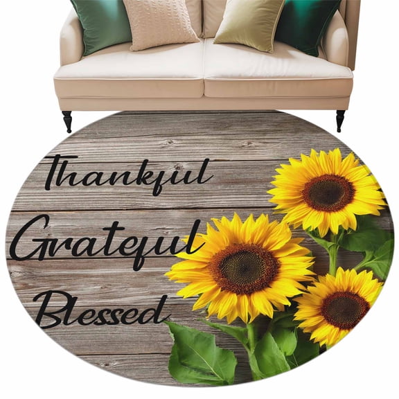 Round Rug 5ft Area Rug,Watercolor Sunflower Farm Vintage Wood Board Area Rugs for Living Room Bedroom,Positive Quote Floor Mat Non-Slip Non-Shedding Carpet Indoor Accent Rugs