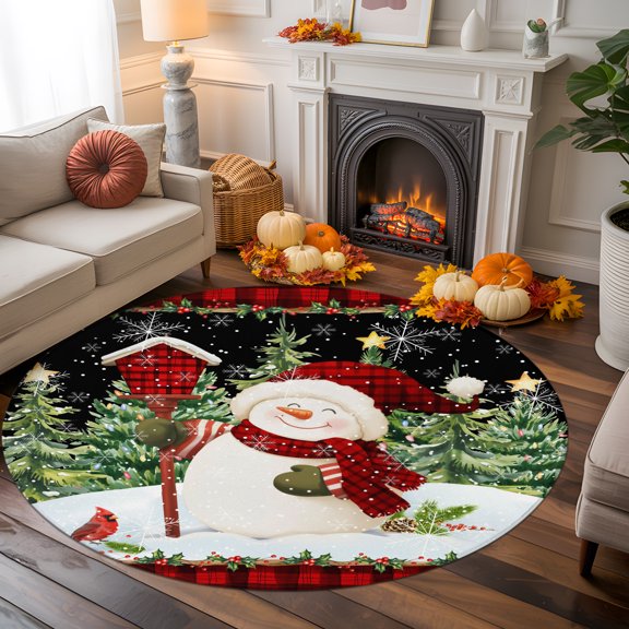 Round Rug 5ft Area Rug, Xmas Tree Winter Snowman Snow Area Rugs for Living Room Bedroom, Retro Buffalo Plaid on Black Floor Mat Non-Slip Non-Shedding Carpet Indoor Accent Rugs