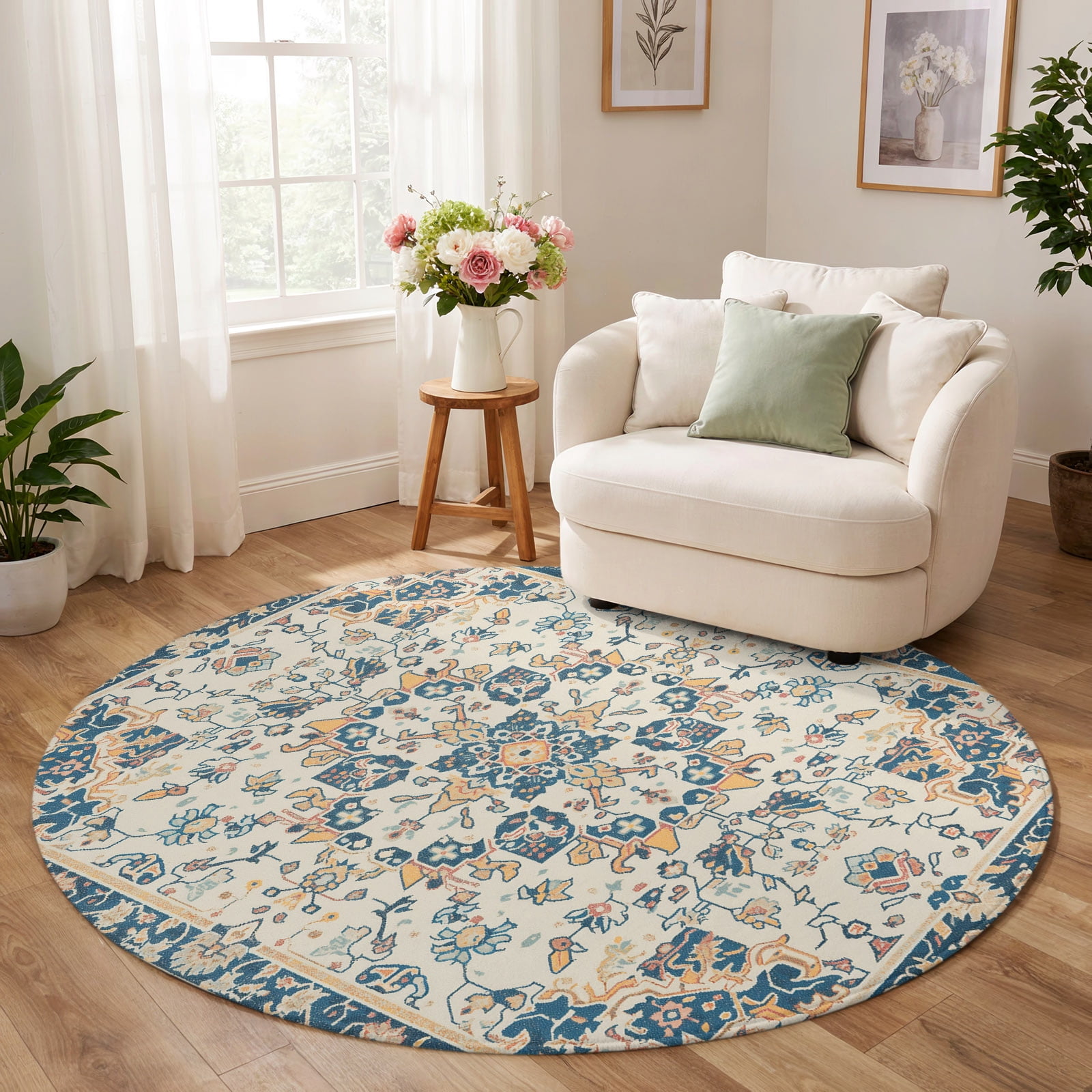 Rustic Round Area Rugs Round Rug 5ft, Boho Orange Blue Low Pile Washable Rugs for Kids Room ...