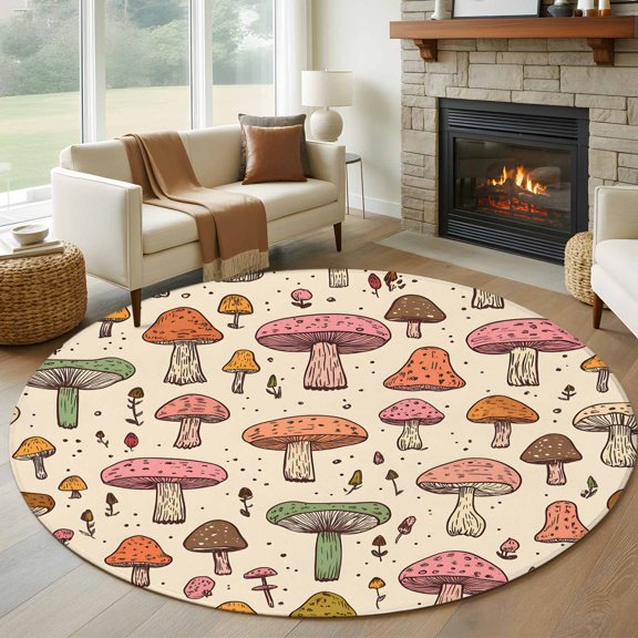 Round Rug 5ft Cartoon Watercolor Mushrooms Washable Area Rugs for Living Room Bedroom Entryway Non Slip Entrance Door Mat Indoor Floor Carpet Funny Pink Green Ferns