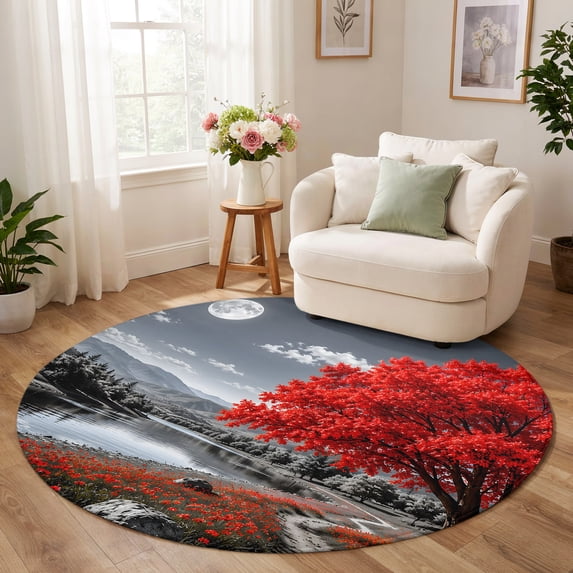 Round Rug 5ft Living Room Rug, Red Tree Washable Non-Slip Low Pile Soft ...