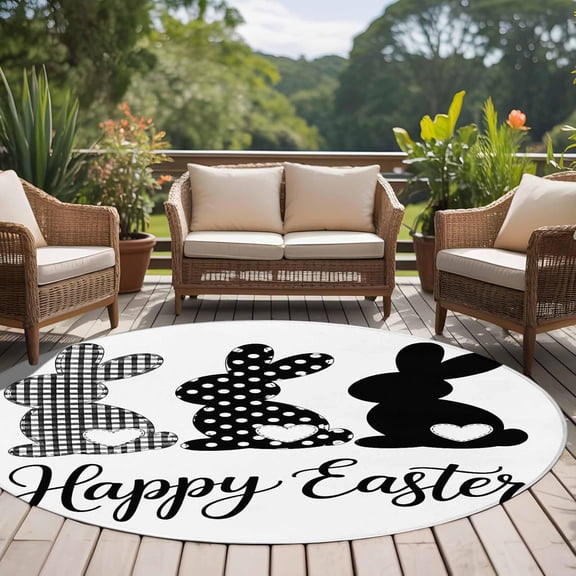 Round Rug 6Ft, Black White Buffalo Plaid Polka Dots Carrot Soft Non-Slip Washable Felt Carpet Pad, Happ Easter Area Rugs for Living Room Bedroom Kids Room