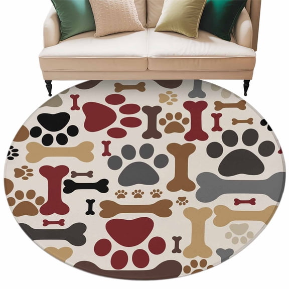 Round Rug 6Ft Dog Paw Print Circle Area Rugs Washable Non Slip Indoor Floor Mats Carpet for Living Room Bedroom Dining Room Home Decor