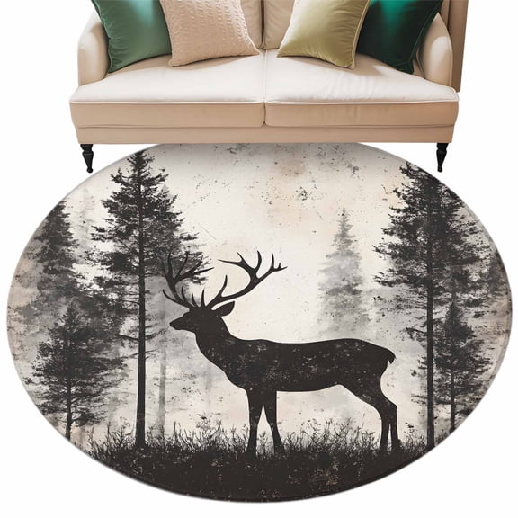Round Rug 6Ft Forest Deer Circle Area Rugs Washable Non Slip Indoor Floor Mats Carpet for Living Room Bedroom Dining Room Home Decor