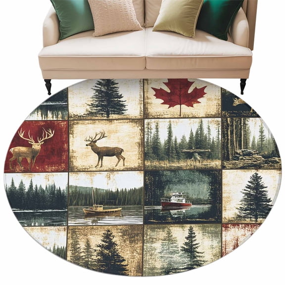 Round Rug 6Ft Forest Elk Circle Area Rugs Washable Non Slip Indoor Floor Mats Carpet for Living Room Bedroom Dining Room Home Decor