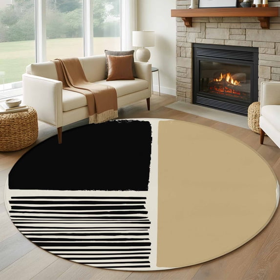 Round Rug 6Ft Washable Non-Slip, Beige Circle Area Rugs for Living Room Bedroom, Modern Abstract Art Farmhouse Striped Indoor Floor Mats Carpet Runner for Home Decor Aesthetic