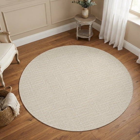 Round Rug 6Ft Washable Non-Slip, Beige Solid Color Circle Area Rugs for Living Room Bedroom, Abstract Woven Texture Vintage Minimalist Indoor Floor Mats Carpet Runner for Home Decor