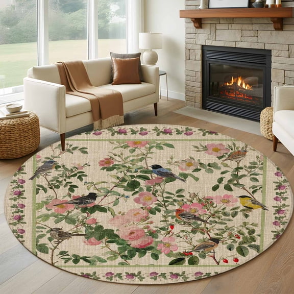 Round Rug 6Ft Washable Non-Slip, Beige Spring Floral Circle Area Rugs for Living Room Bedroom, Elegant Pastoral Flowers Birds Watercolor Indoor Floor Mats Carpet Runner for Home Decor Aesthetic