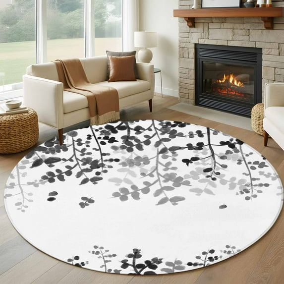Round Rug 6Ft Washable Non-Slip, Black Leaves Circle Area Rugs for Living Room Bedroom, Summer Botanical Indoor Floor Mats Carpet Runner for Home Decor Aesthetic