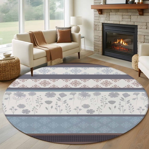 Round Rug 6Ft Washable Non-Slip, Blue Brown Stripes Circle Area Rugs for Living Room Bedroom, Abstract Geometric Spring Flowers Country Indoor Floor Mats Carpet Runner for Home Decor Aesthetic