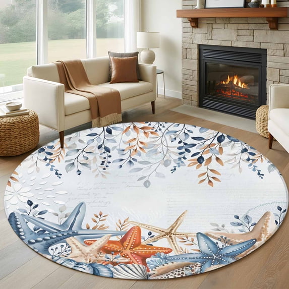 Round Rug 6Ft Washable Non-Slip, Blue Coastal Circle Area Rugs for Living Room Bedroom, Summer Beach Starfish Weeping Eucalyptus Ombre Indoor Floor Mats Carpet Runner for Home Decor Aesthetic