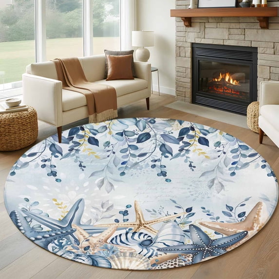 Round Rug 6Ft Washable Non-Slip, Blue Eucalyptus Coastal Circle Area Rugs for Living Room Bedroom, Beach Starfish Shell Nautical Ombre Indoor Floor Mats Carpet Runner for Home Decor Aesthetic