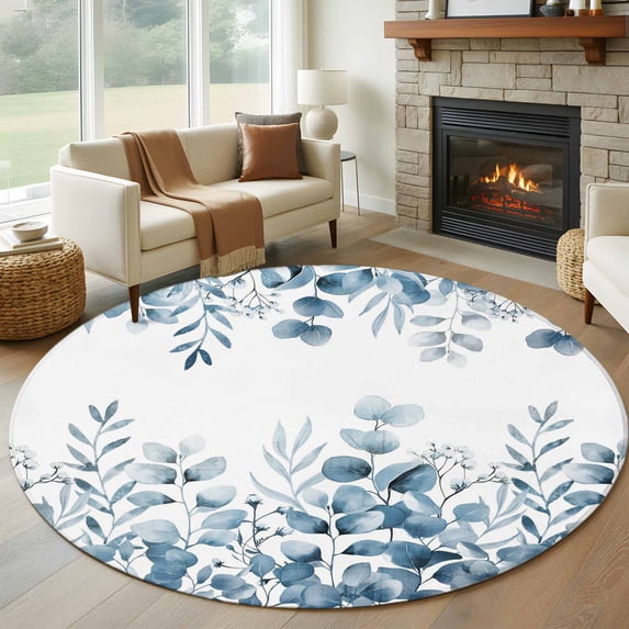 Round Rug 6Ft Washable Non-Slip, Blue Eucalyptus Leaves Circle Area Rugs for Living Room Bedroom, Watercolor Spring Summer Botanical Indoor Floor Mats Carpet Runner for Home Decor Aesthetic
