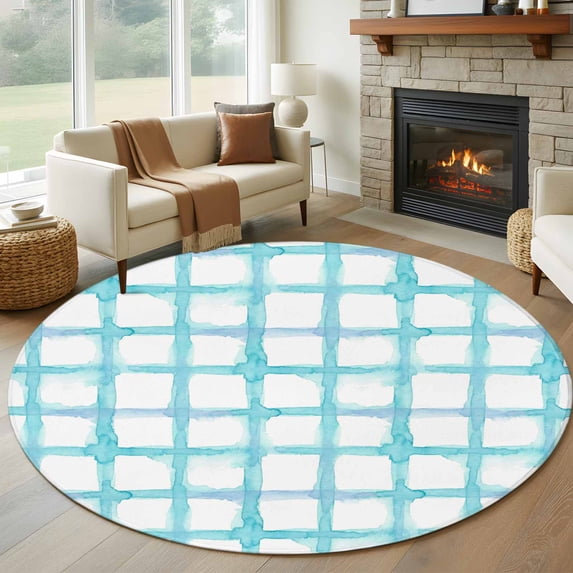 Round Rug 6Ft Washable Non-Slip, Blue Plaid Circle Area Rugs for Living Room Bedroom, Farmhouse Buffalo Check Stripes Modern Geometric Indoor Floor Mats Carpet Runner for Home Decor Aesthetic