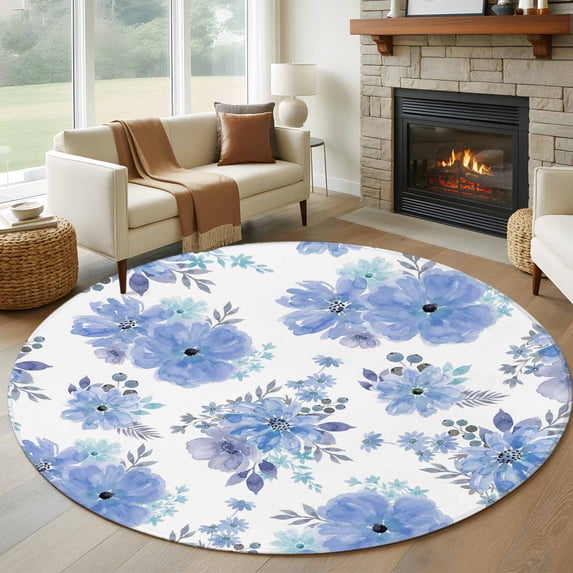 Round Rug 6Ft Washable Non-Slip, Blue Watercolor Floral Circle Area Rugs for Living Room Bedroom, Spring Flower Abstract Art Indoor Floor Mats Carpet Runner for Home Decor Aesthetic