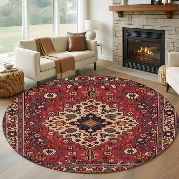 Round Rug 6Ft Washable Non-Slip, Boho Southwest Circle Area Rugs for Living Room Bedroom, Vintage Farmhouse Ethnic Aztec Tribe Art Indoor Floor Mats Carpet Runner for Home Decor Aesthetic