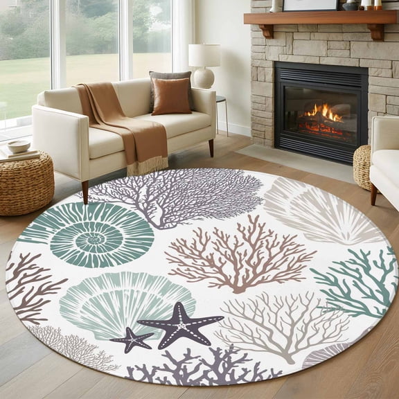 Round Rug 6Ft Washable Non-Slip, Coastal Coral Circle Area Rugs for Living Room Bedroom, Nautical Ocean Beach Conch Shells Starfish Indoor Floor Mats Carpet Runner for Home Decor Aesthetic