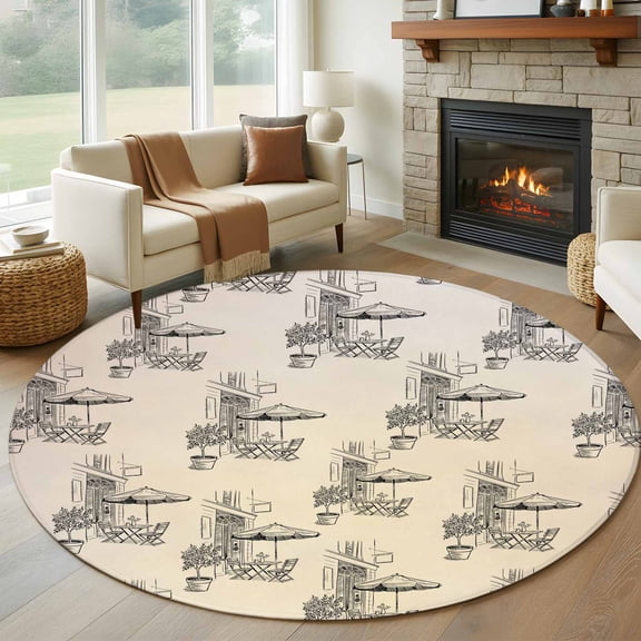 Round Rug 6Ft Washable Non-Slip, Coffee Kiosk Circle Area Rugs for Living Room Bedroom, Retro Leisure Coffee Time Farmhouse Beige Indoor Floor Mats Carpet Runner for Home Decor Aesthetic