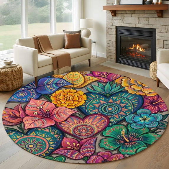 Round Rug 6Ft Washable Non-Slip, Colorful Abstract Floral Circle Area Rugs for Living Room Bedroom, Farmhouse Vintage Flowers Boho Indoor Floor Mats Carpet Runner for Home Decor Aesthetic