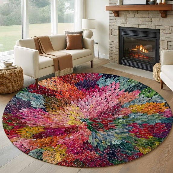 Round Rug 6Ft Washable Non-Slip, Colorful Dahlia Circle Area Rugs for Living Room Bedroom, Spring Flowers Modern Abstract Art Indoor Floor Mats Carpet Runner for Home Decor Aesthetic