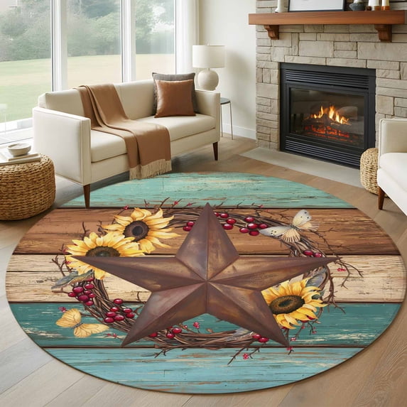Round Rug 6Ft Washable Non-Slip, Country Star Vintage Circle Area Rugs for Living Room Bedroom, Sunflower Farmhouse Teal Brown Western Berry Indoor Floor Mats Carpet Runner for Home Decor Aesthetic