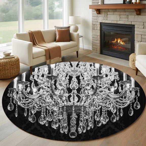 Round Rug 6Ft Washable Non-Slip, Crystal Chandelier Circle Area Rugs for Living Room Bedroom, Candle Abstract Luxury Modern Indoor Floor Mats Carpet Runner for Home Decor Aesthetic