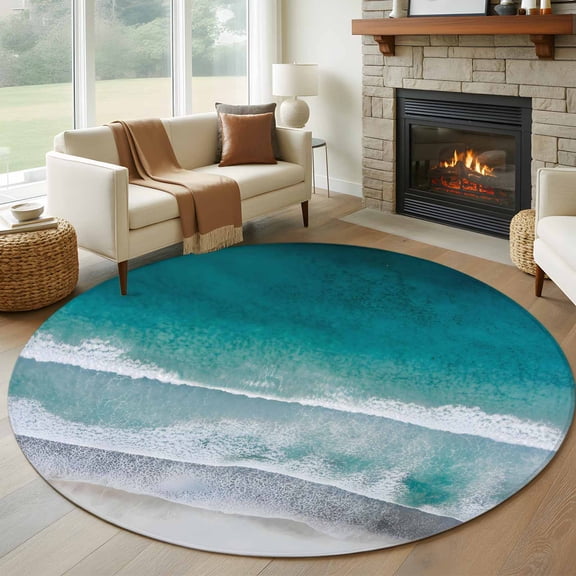 Round Rug 6Ft Washable Non-Slip, Dark Teal Beach Circle Area Rugs for Living Room Bedroom, Summer Sea Waves Coastal Nautical Indoor Floor Mats Carpet Runner for Home Decor Aesthetic