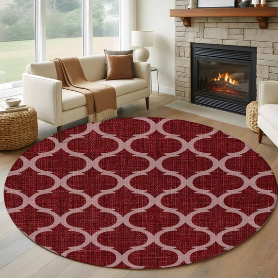 Round Rug 6Ft Washable Non-Slip, Deep Red Morocco Circle Area Rugs for Living Room Bedroom, Retro Farmhouse Quatrefoil Plaid Indoor Floor Mats Carpet Runner for Home Decor Aesthetic