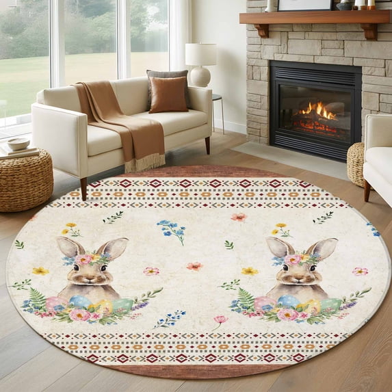Round Rug 6Ft Washable Non-Slip, Easter Circle Area Rugs for Living Room Bedroom, Boho Ethnic Farmhouse Rabbit Colorful Eggs Patterned Indoor Floor Mats Carpet Runner for Home Decor Aesthetic