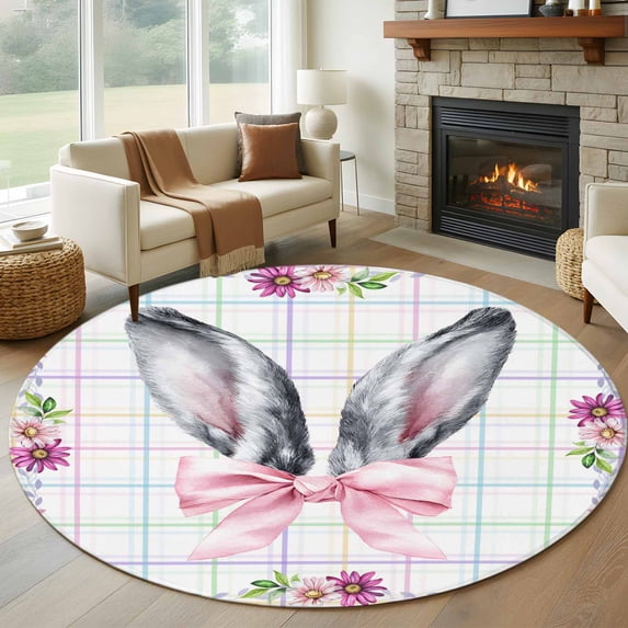 Round Rug 6Ft Washable Non-Slip, Easter Circle Area Rugs for Living Room Bedroom, Cute Rabbits Ears Bow Daisy Flower Watercolor Plaid Indoor Floor Mats Carpet Runner for Home Decor Aesthetic