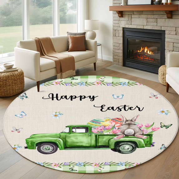 Round Rug 6Ft Washable Non-Slip, Easter Circle Area Rugs for Living Room Bedroom, Spring Truck Rabbit Flowers Eggs Green Check Indoor Floor Mats Carpet Runner for Home Decor Aesthetic
