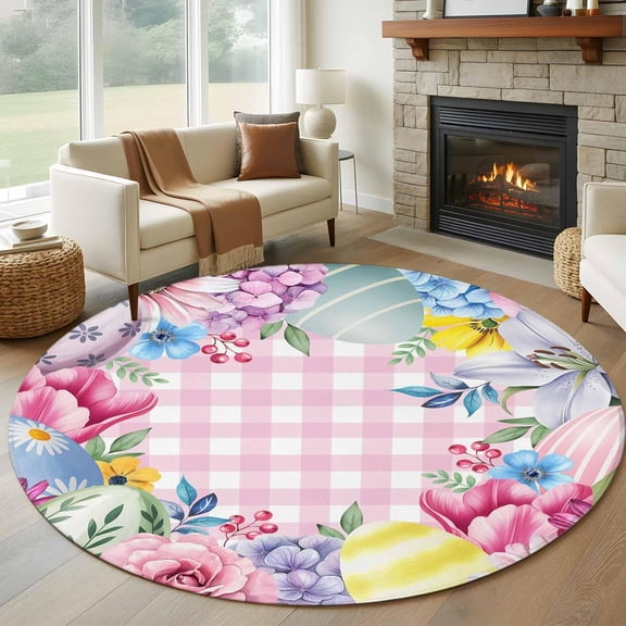 Round Rug 6Ft Washable Non-Slip, Easter Flowers Circle Area Rugs for Living Room Bedroom, Eggs Spring Floral Rustic Pink Checkered Indoor Floor Mats Carpet Runner for Home Decor Aesthetic