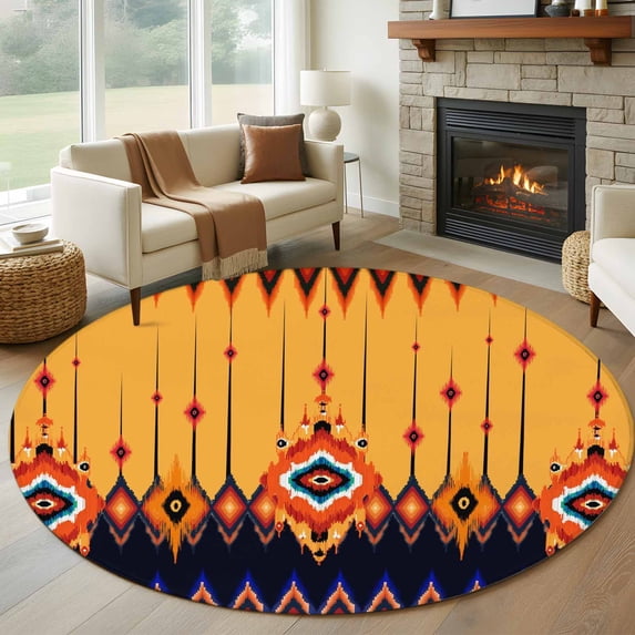Round Rug 6Ft Washable Non-Slip, Ethnic Boho Circle Area Rugs for Living Room Bedroom, Vintage Abstract Geometric Textured Indoor Floor Mats Carpet Runner for Home Decor Aesthetic