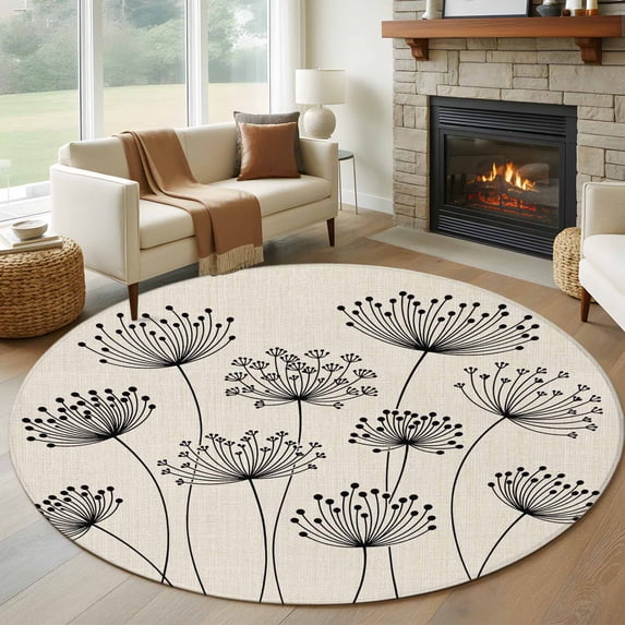 Round Rug 6Ft Washable Non-Slip, Farmhouse Dandelion Circle Area Rugs for Living Room Bedroom, Spring Modern Country Flower Black Beige Indoor Floor Mats Carpet Runner for Home Decor Aesthetic