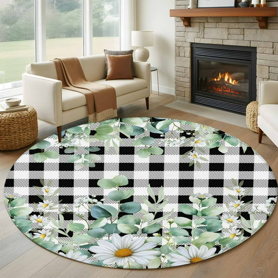 Round Rug 6Ft Washable Non-Slip, Green Eucalyptus Leaves Circle Area Rugs for Living Room Bedroom, Summer Botanical Daisy Black Plaid Indoor Floor Mats Carpet Runner for Home Decor Aesthetic