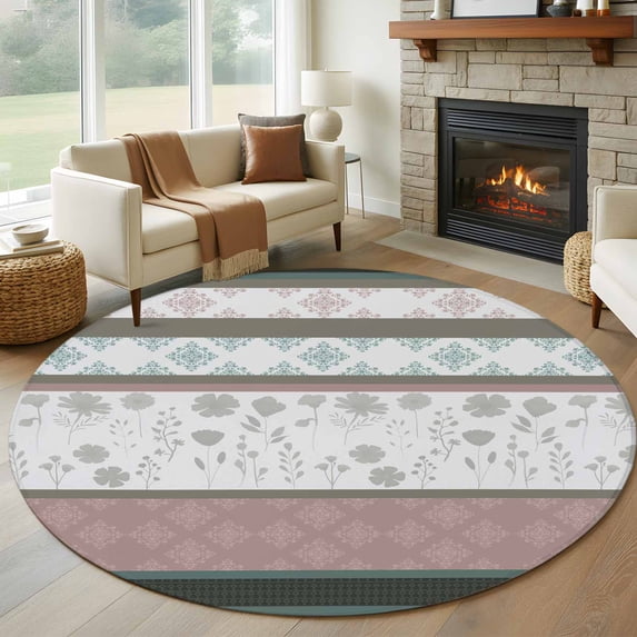 Round Rug 6Ft Washable Non-Slip, Grey Stripes Abstract Circle Area Rugs for Living Room Bedroom, Geometric Spring Flowers Country Indoor Floor Mats Carpet Runner for Home Decor Aesthetic