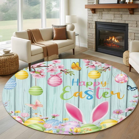 Round Rug 6Ft Washable Non-Slip, Happy Easter Circle Area Rugs for Living Room Bedroom, Spring Bunny Eggs Flower Teal Wood Grain Indoor Floor Mats Carpet Runner for Home Decor Aesthetic