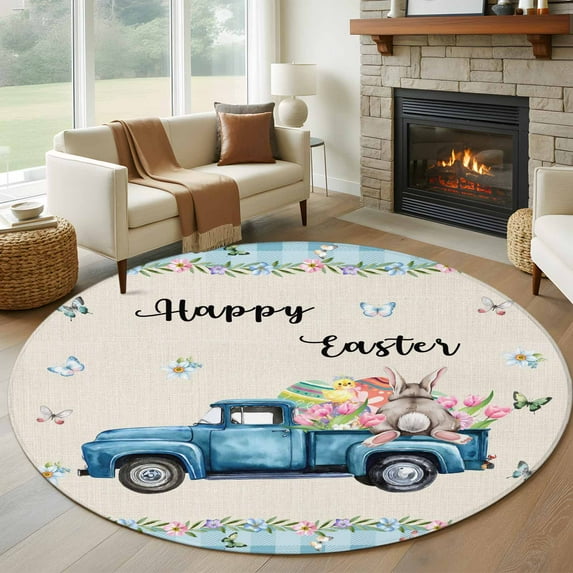 Round Rug 6Ft Washable Non-Slip, Happy Easter Circle Area Rugs for Living Room Bedroom, Spring Truck Bunny Butterfly Blue Plaid Indoor Floor Mats Carpet Runner for Home Decor Aesthetic