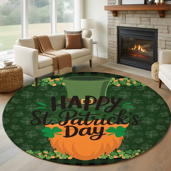 Round Rug 6Ft Washable Non-Slip, Happy St Patrick's Day Circle Area Rugs for Living Room Bedroom, Shamrocks Funny Beard Green Hat Indoor Floor Mats Carpet Runner for Home Decor Aesthetic