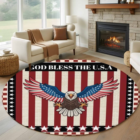 Round Rug 6Ft Washable Non-Slip, Independence Day Circle Area Rugs for Living Room Bedroom, Eagle U.S Flag Red Blue Stripes Retro Indoor Floor Mats Carpet Runner for Home Decor Aesthetic