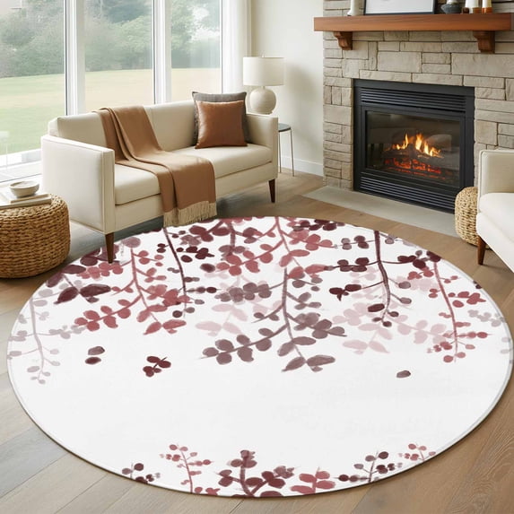 Round Rug 6Ft Washable Non-Slip, Leaves Circle Area Rugs for Living Room Bedroom, Pink Brown Summer Botanical Indoor Floor Mats Carpet Runner for Home Decor Aesthetic