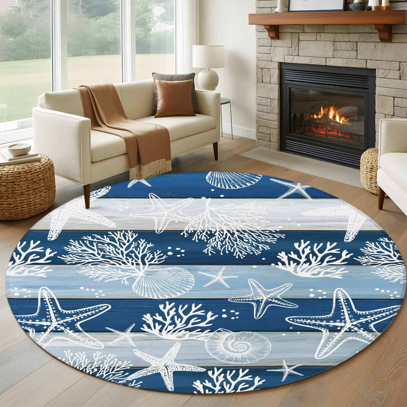 Round Rug 6Ft Washable Non-Slip, Navy Blue Coastal Beach Circle Area Rugs for Living Room Bedroom, Nautical Starfish Coral Vintage Wooden Indoor Floor Mats Carpet Runner for Home Decor Aesthetic