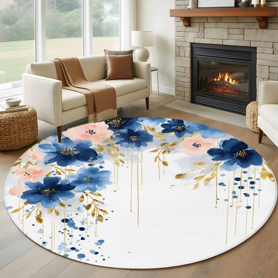 Round Rug 6Ft Washable Non-Slip, Navy Blue Spring Floral Circle Area Rugs for Living Room Bedroom, Farmhouse Butterfly Indoor Floor Mats Carpet Runner for Home Decor Aesthetic