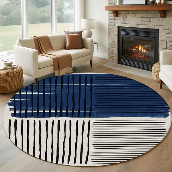 Round Rug 6Ft Washable Non-Slip, Navy Blue Striped Circle Area Rugs for Living Room Bedroom, Farmhouse Stripes Modern Abstract Art Indoor Floor Mats Carpet Runner for Home Decor Aesthetic