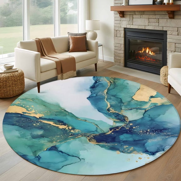 Round Rug 6Ft Washable Non-Slip, Ombre Turquoise Marble Circle Area Rugs for Living Room Bedroom, Modern Minimalist Art Gradient Indoor Floor Mats Carpet Runner for Home Decor Aesthetic