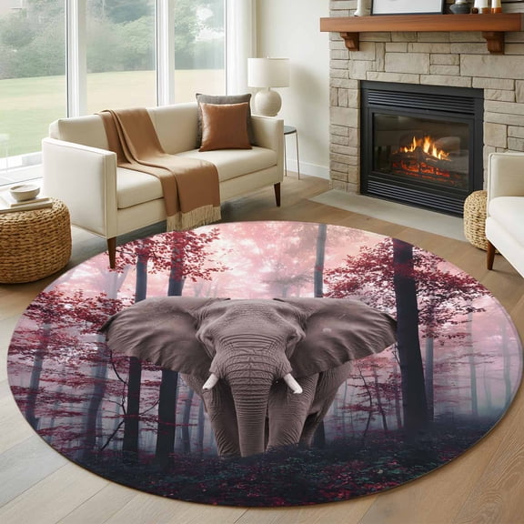 Round Rug 6Ft Washable Non-Slip, Orange Red Elephants Circle Area Rugs for Living Room Bedroom, Farmhouse Forest Trees Nature Indoor Floor Mats Carpet Runner for Home Decor Aesthetic
