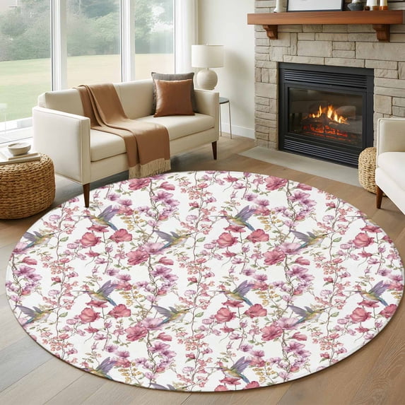Round Rug 6Ft Washable Non-Slip, Pink Beige Flowers Circle Area Rugs for Living Room Bedroom, Spring Floral Elegant Pastoral Botanical Indoor Floor Mats Carpet Runner for Home Decor Aesthetic